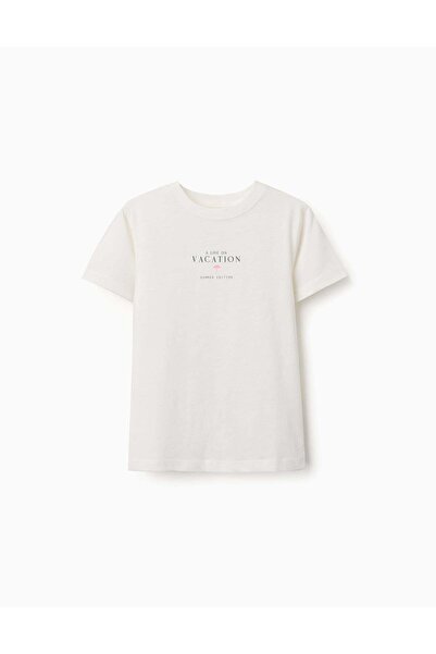 Ziddy Cotton T-Shirt With Vacation Print For Boys, Light Beige