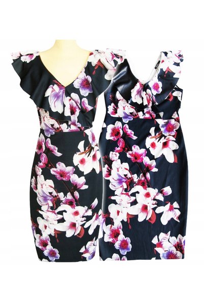 NO BRAND Rochie bleumarin cu imprimeu floral, cu volane, midi, de cocktail, B...