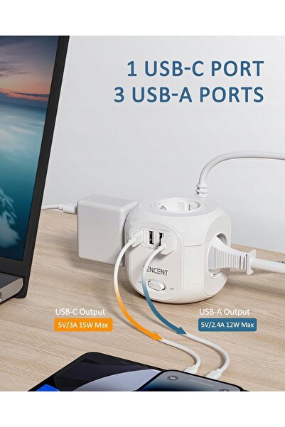 NO BRAND Prelungitor 8 în 1 - 4 Prize + USB-A + USB-C, Cablu 2 m