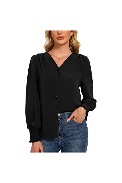 OEM Bluză de Damă cu Mânecă Lungă Elegantă V-Neck Casual Neagră S