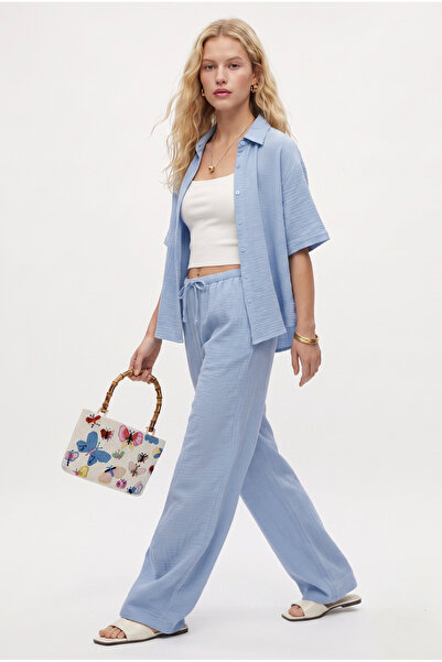 Ritnice Women's Hudson 100% Cotton Muslin Shirt Pants Light Blue Bottom Top Set