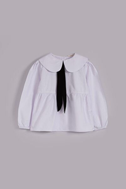 VAUVA Girl's White Blouse with Large Collar and Black Bow Detail, Long Sleeve...