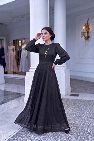 MD MODA DEMİRKAYA Simli Kumaş Kolye Aksesuarlı Astarlı Abiye Rahat Kalıp