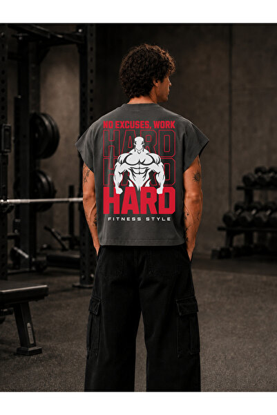 EVIus تي شيرت GYM Sportsman Work Hard مطبوع بمقاس كبير وقصة مربعة بدون أكمام ...