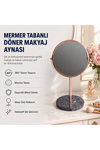 hızlı store Şık Mermer Tabanlı Döner Masa Üstü Makyaj Aynası – Dekoratif Masa...