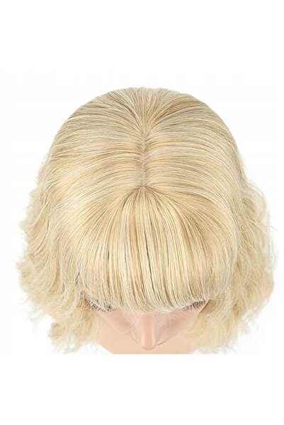 NO BRAND Perucă blondă cu breton, păr scurt ondulat, sintetică, Faelbaty Cosplay
