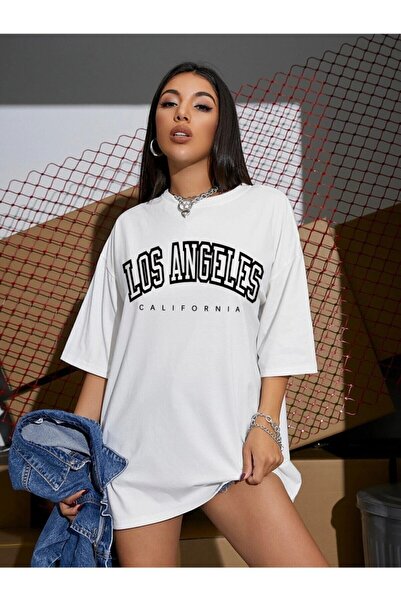 H&GHAMLEGİYİM White Losangeles Written Oversize Combed Cotton T-shirt
