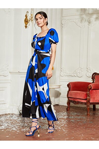 NO BRAND Rochie maxi simplă, albastră, abstractă, cu decolteu pătrat, Shein XS