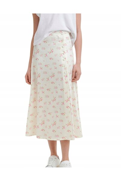 NO BRAND Fustă cremoasă din satin, cu imprimeu floral, nasturi, clasică, Rese...