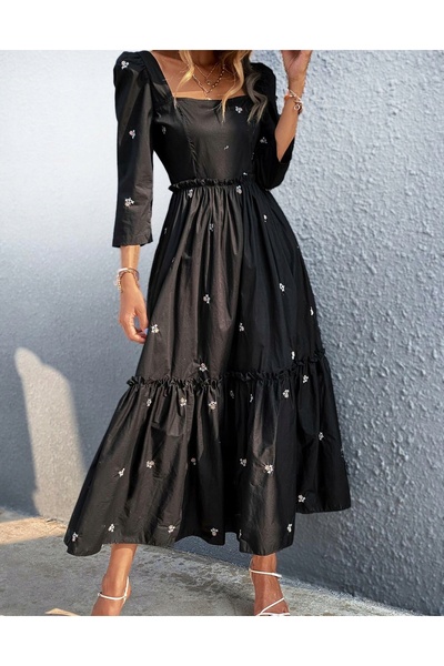 NO BRAND Rochie neagră cu imperfecțiuni, mâneci trei sferturi, cu broderie fl...
