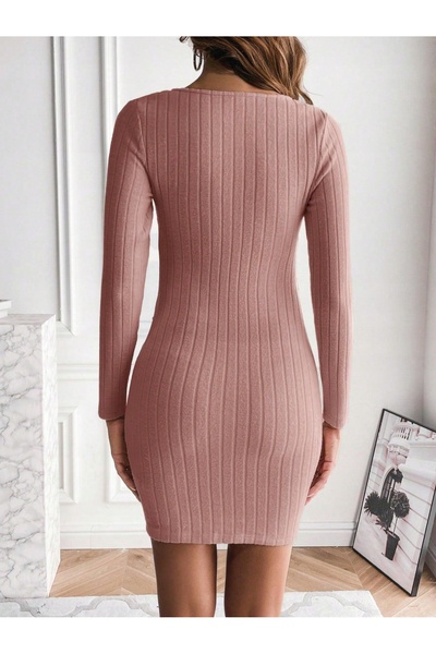 NO BRAND Rochie clasică tricotată Shein, roz, cu dungi, cu mânecă lungă, 38