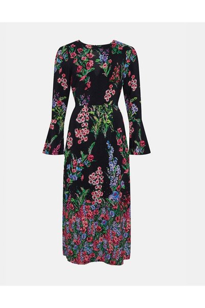 NO BRAND Rochie simplă neagră, lungime midi, mâneci lungi, model floral color...
