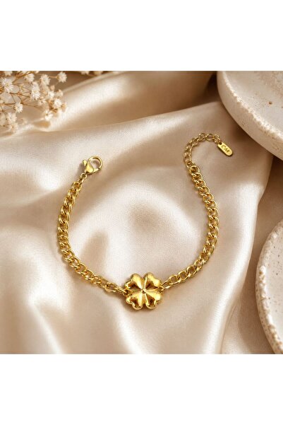 CM Jewelry Clover Patterned Gold Steel Bracelet