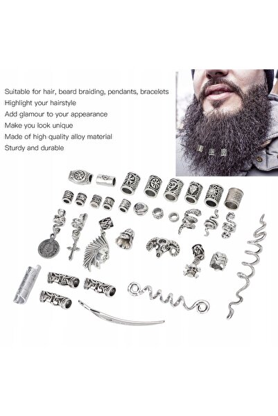 NO BRAND Set de mărgele pentru barbă cu rune vikinge nordice, 34 de bucăți