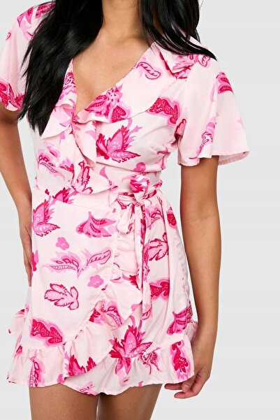 NO BRAND Rochie roz mini, cu legături, imprimeu floral, mâneci scurte, Boohoo 44