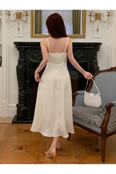 NO BRAND Rochie Midaxi Clasic Crem cu Bretele din Satin Simplă Dazy 40/42