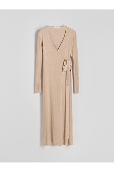 NO BRAND Rochie bej Midaxi de maternitate, tricotată cu torsade, cu talie leg...