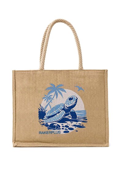 Rakerplus Sea Turtle Printed Jute Shopping and Beach Bag