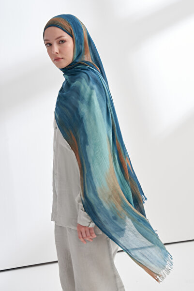ARMANDA Organic Touch Viscose Blend Patterned Shawl - Petroleum - Camel Feather