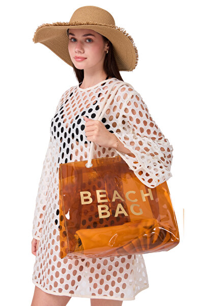 Luzza Bag Kahverengi Gold Beach Bag Baskılı Plaj Çantası