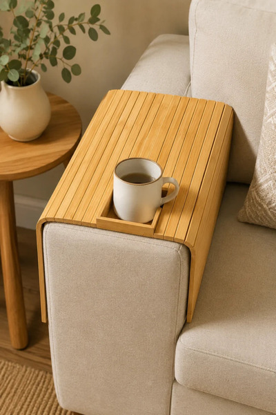 Tutku Home Koltuk Kenarı Katlanabilir Bambu Yan Sehpa (32x40 Cm)