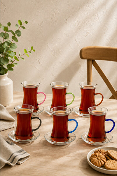 Tutku Home Renkli Kulplu Borosilikat 6'lı Çay Bardağı 150 ML