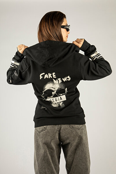 Unisex Oversize Fermuarlı Kapüşonlu Sweatshirt Hoodie 3 İplik Pamuklu Siyah Fake News Baskılı
