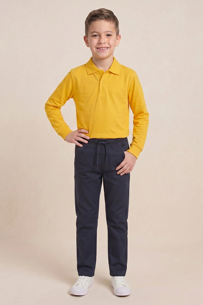 nacar çarşı Boy's Bright Yellow Long Sleeve Polo Collar T-Shirt Navy Blue Rib...