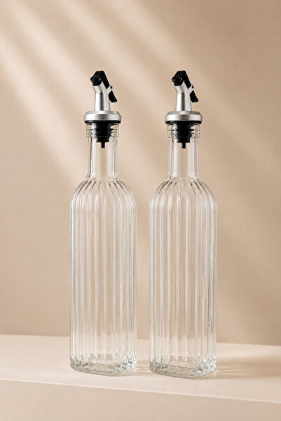 KLARHAUS Freya Double Line Patterned Glass Oil Pot Set with Non-Spill Lid, Vi...