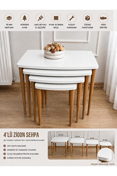 BAŞARAN CONCEPT 4’lü Ultra Kaliteli Üst Kısmı 1. Sınıf MDF Zigon Sehpa Gürgen...