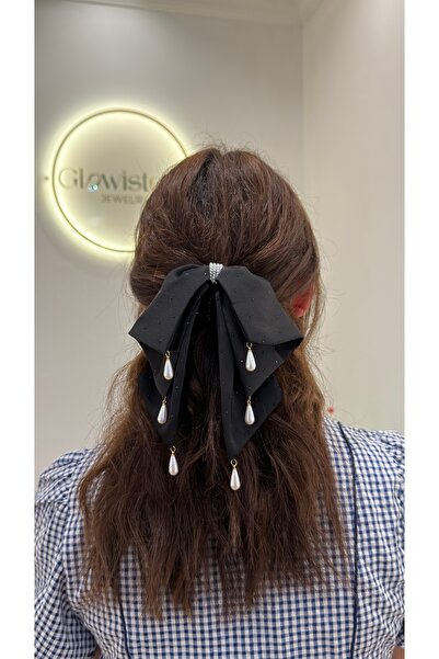 Glowisters Jewelry İnci ve Taş Detaylı Büyük Saten Mandallı Kurdele Saç Tokas...
