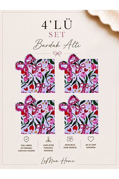 LAMUA HOME 4 Lü Fiora Fiyonk Ve Çiçek Desenli Bardak Altlığı Set - 15 x 15 cm...