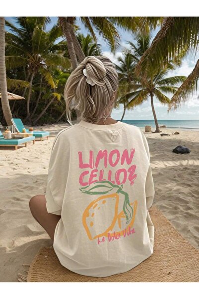 MOONBULL Kadın Limon Cello Sırt Baskılı Oversize T-shirt