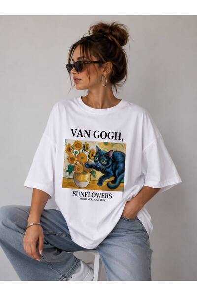 Van Gogh Cat Baskılı Oversize Beyaz Tişört