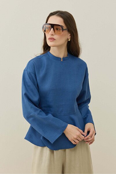 Molene Saks Mavisi Hakim Yaka Peplum Keten Bluz