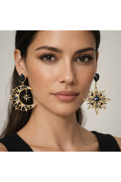 TAUPE Bijoux Ava Güneş ve Ay Figürlü Siyah Taşlı Sallantılı Küpe
