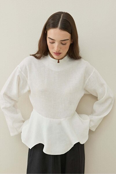 Molene Ekru Hakim Yaka Peplum Keten Bluz