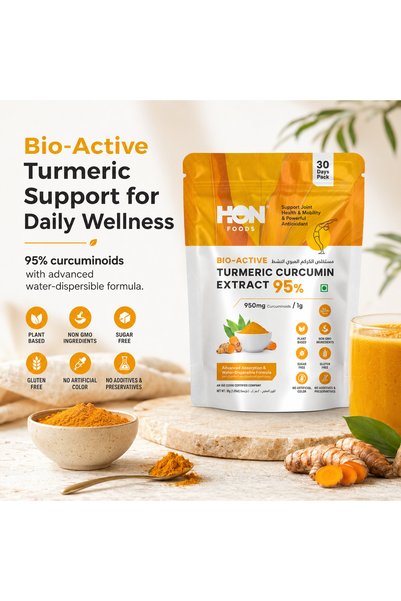 HON FOODS Bio-Active Turmeric Curcumin Extract 95% Powder 30g(30Days)-950mg Curcuminoids per 1g Serving- Advanced Absorption Formula & Water Dispersible-Powerful Antioxidant & Immune Health Support-Sugar Free