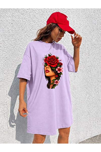 classy moda تي شيرت نسائي طويل جدًا بتفاصيل ورود وطباعة شكل الجسم النسائي