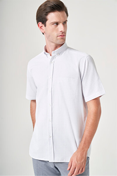 İmza White-Blue Buttoned Collar Short Sleeve Pocket Comfort Fit Cotton Shirt ...