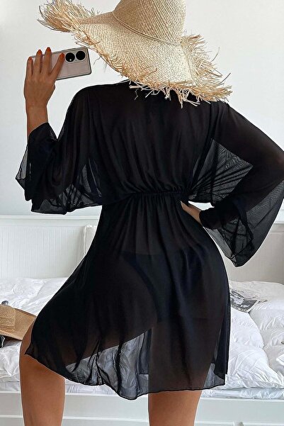 NQX PULL PROFESSIONAL Kadın Siyah Transparan Pareo Şifon Plaj Elbisesi Bağlamalı