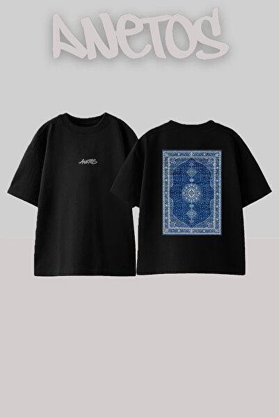Anetos Oriental Rug_6 Design Back Printed Cotton Black Oversize T-Shirt