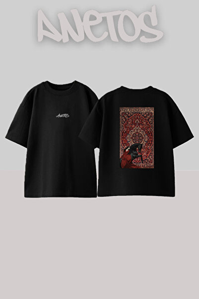 Anetos Women's at Hali Design Back Printed Cotton Black Oversize T-Shirt