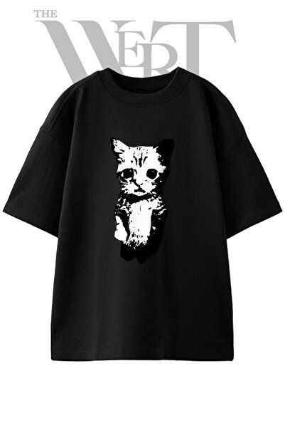 THEWERT Cat Silhouette Design Printed Unisex Black Oversize T-Shirt