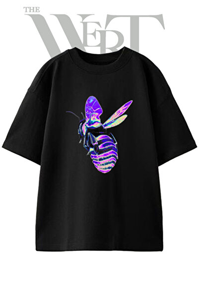 THEWERT Iridescent Bee Design Printed Unisex Black Oversize T-Shirt