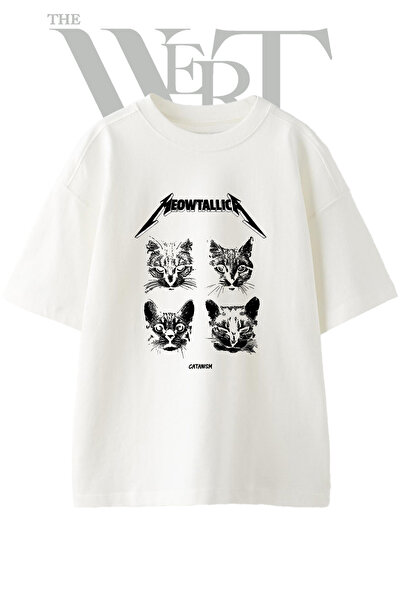 THEWERT Tricou oversize alb unisex cu imprimeu Metallica Cat Design