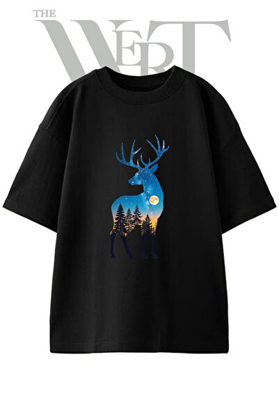 THEWERT Deer Moon Forest Design Printed Unisex Black Oversize T-Shirt