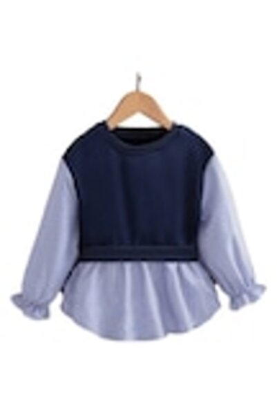 OEM Vesta din tricot, culoare albastra pentru fetite, cu camasa in dungi (2 i...