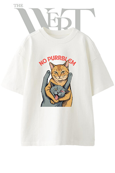 THEWERT تي شيرت أبيض كبير الحجم مطبوع بتصميم No Purrblem للجنسين