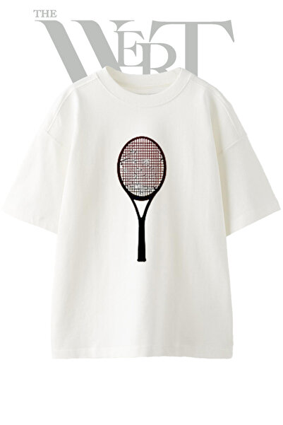 THEWERT Tricou oversize alb unisex cu imprimeu cu design rachetă de tenis